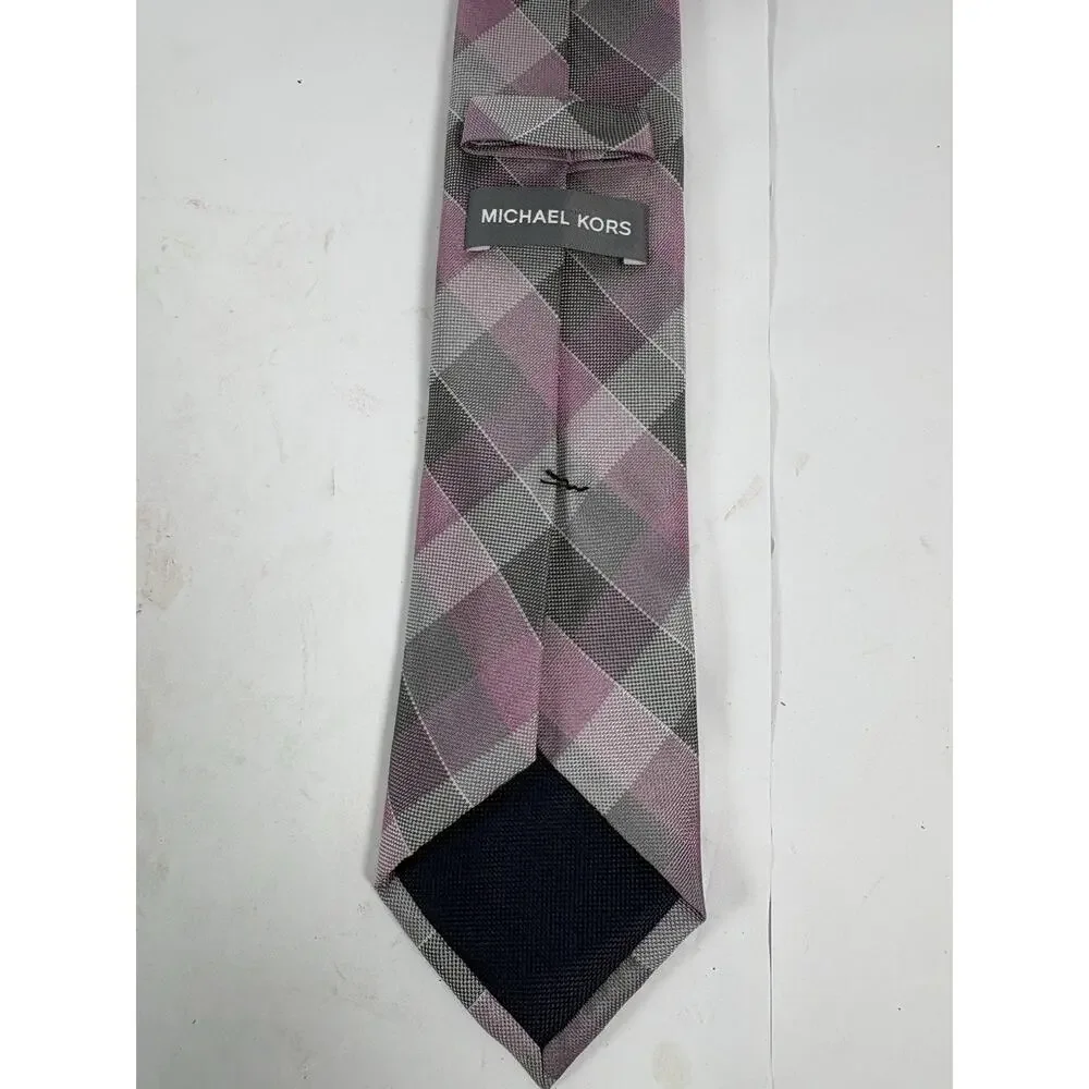 Michael Kors Mens Silk Blend Tie Pink Gray Plaid Check Designer Necktie Classic
